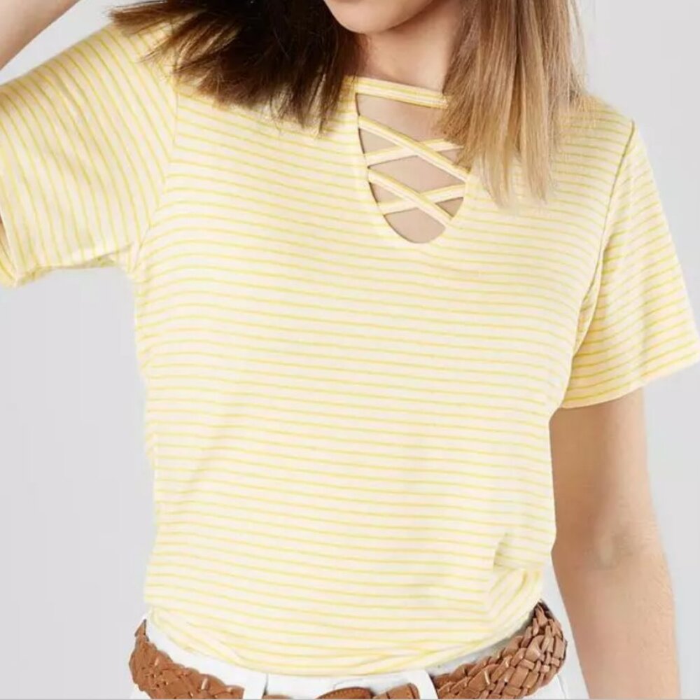 Yellow Ribbed Cut Out Short Sleeve Tee